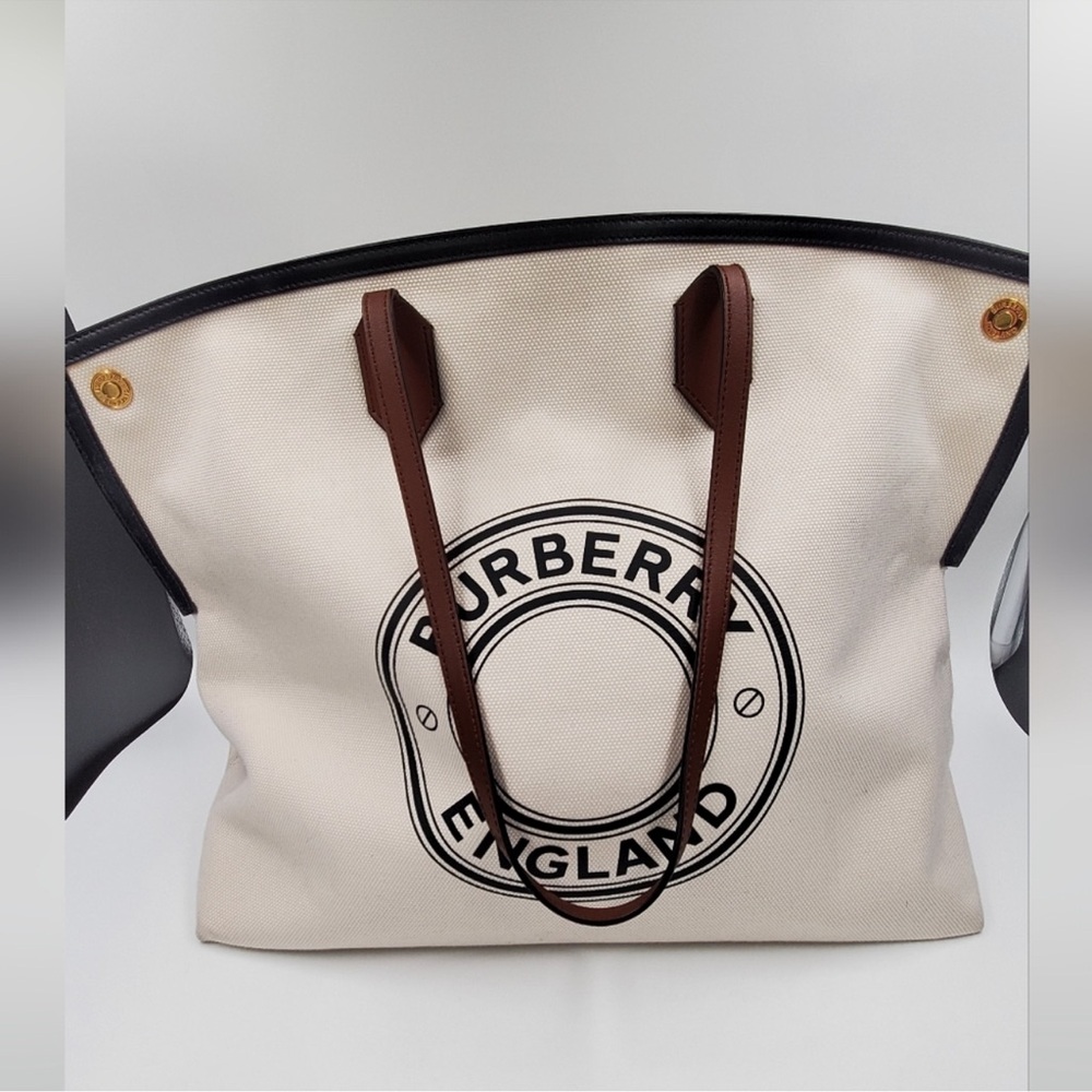 Burberry Cream and Brown Tote Bag with Leather Handles